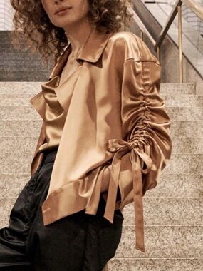 cinq a sept Satin Ruched Tie-Sleeve Top in Cinnamon